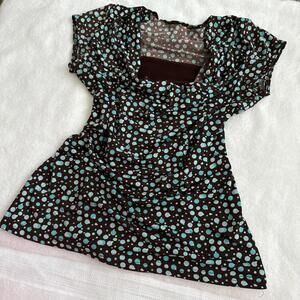 y2k blue and brown polkadot Cowell neck blouse